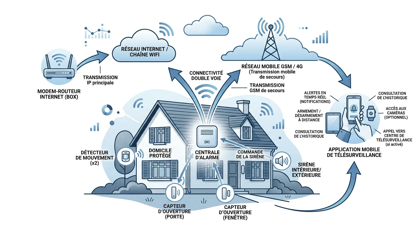 Schéma de connectivité WiFi et GSM d'une alarme sans fil