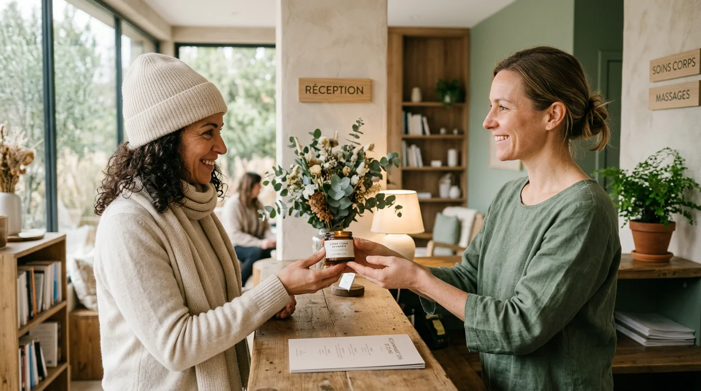 Professionnelle du bien-être remettant un produit de soin à une cliente à l'accueil d'un spa