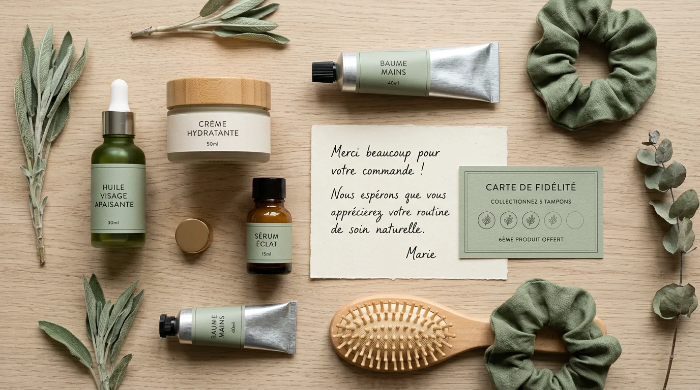 Sélection de produits de soin disposés avec une carte de fidélité et une note de remerciement