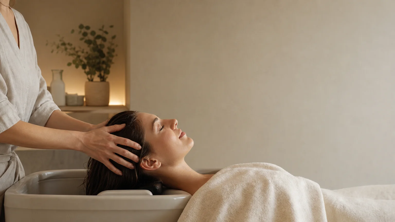 Personne recevant un soin Head Spa dans une cabine apaisante