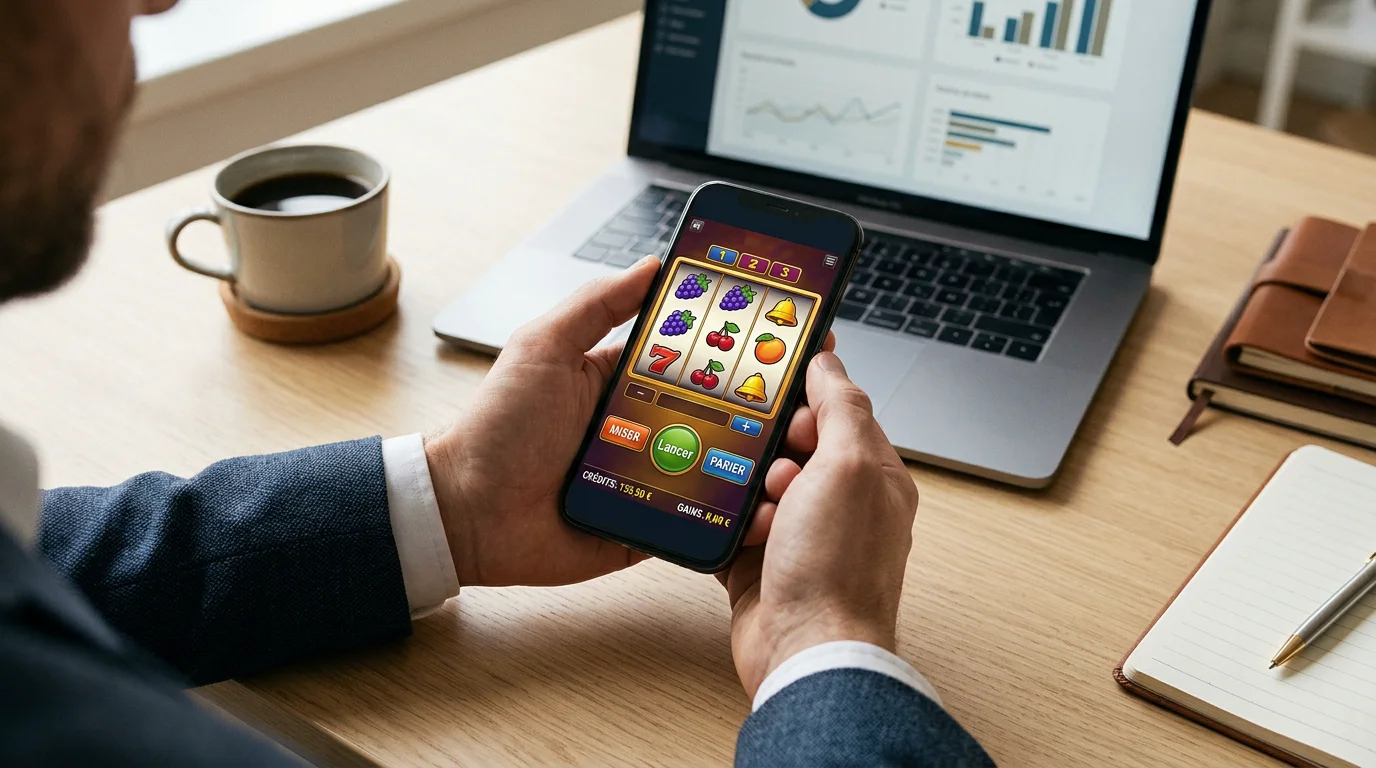 Personne consultant une machine à sous en ligne sur smartphone