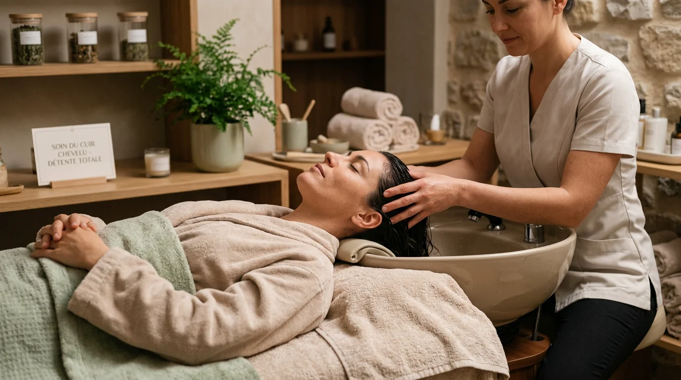 Soin head spa japonais réalisé sur une cliente allongée