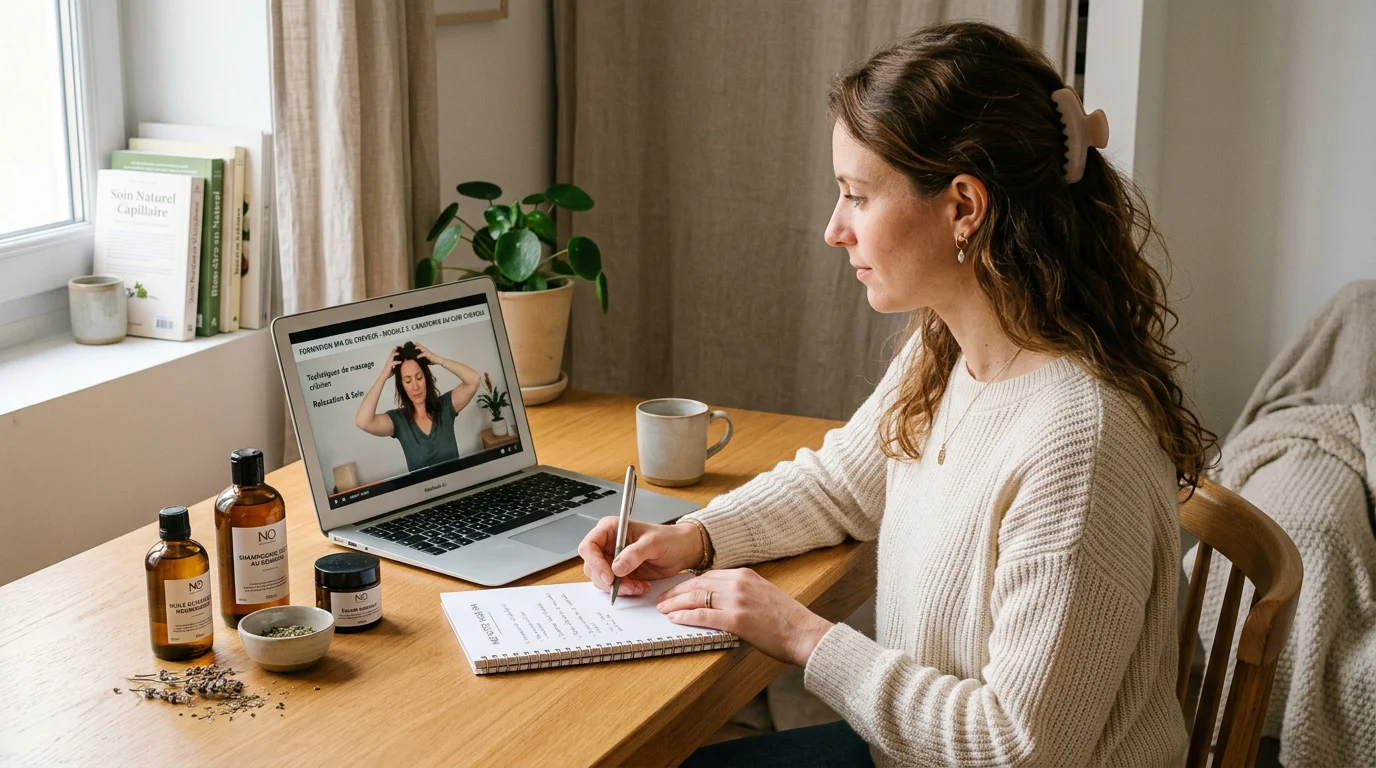 Praticienne suivant une formation head spa en e-learning sur son ordinateur