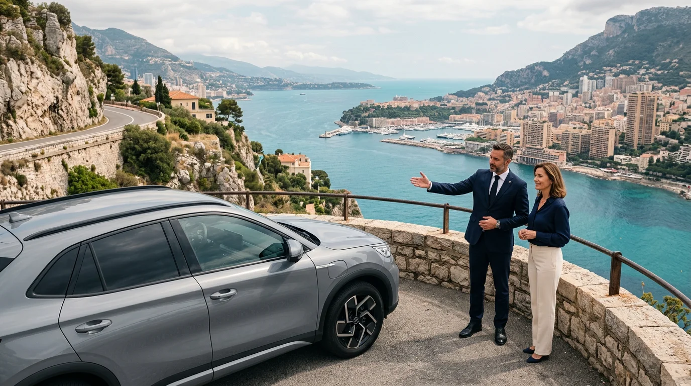 Chauffeur beside a grey electric SUV sharing local insights above the Monaco bay