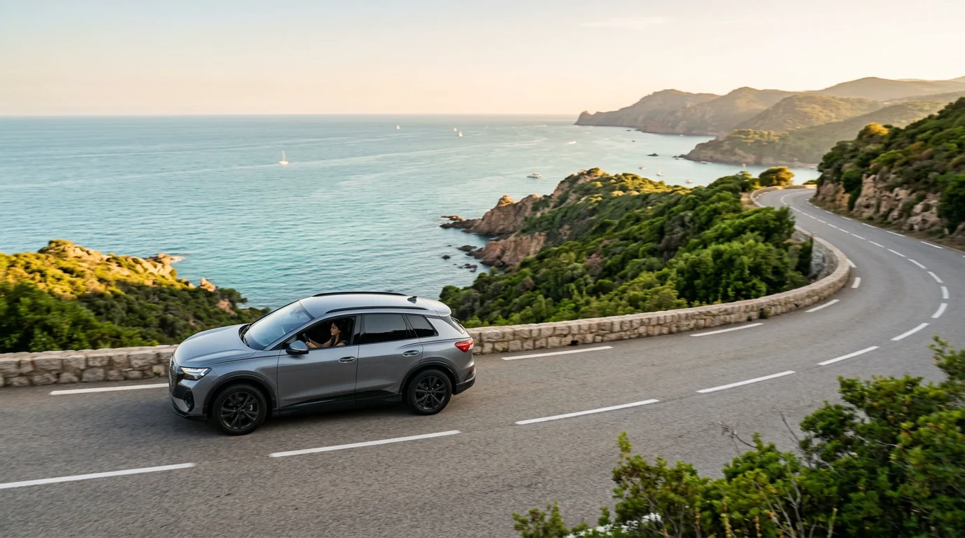 Grey electric SUV on a Riviera coastal road at golden hour