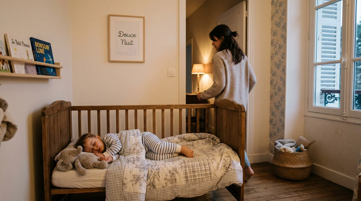 Un parent quitte doucement la chambre pendant que bébé s'endort dans son lit