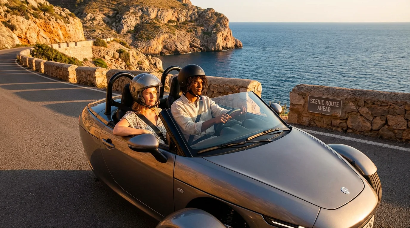 A couple enjoying a three-wheeled vehicle tour on a scenic Mediterranean coastal road at golden hour