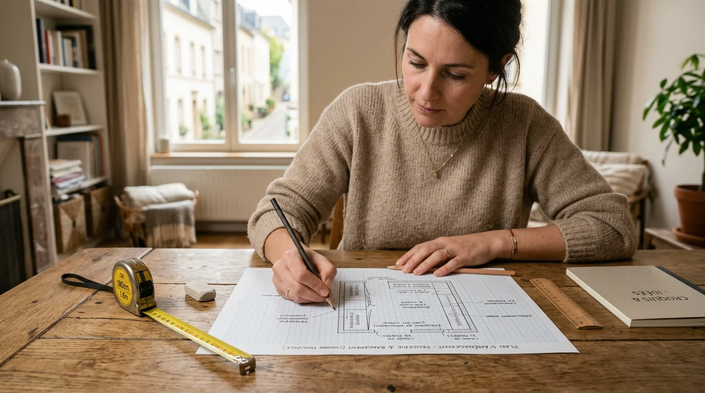 Plan d'un dressing dessin&eacute; sur papier avec un m&egrave;tre ruban