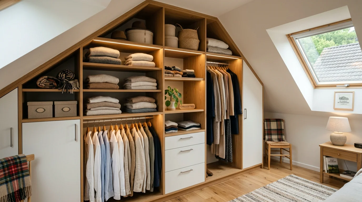 Dressing sur-mesure am&eacute;nag&eacute; sous une pente de toit avec &eacute;tag&egrave;res