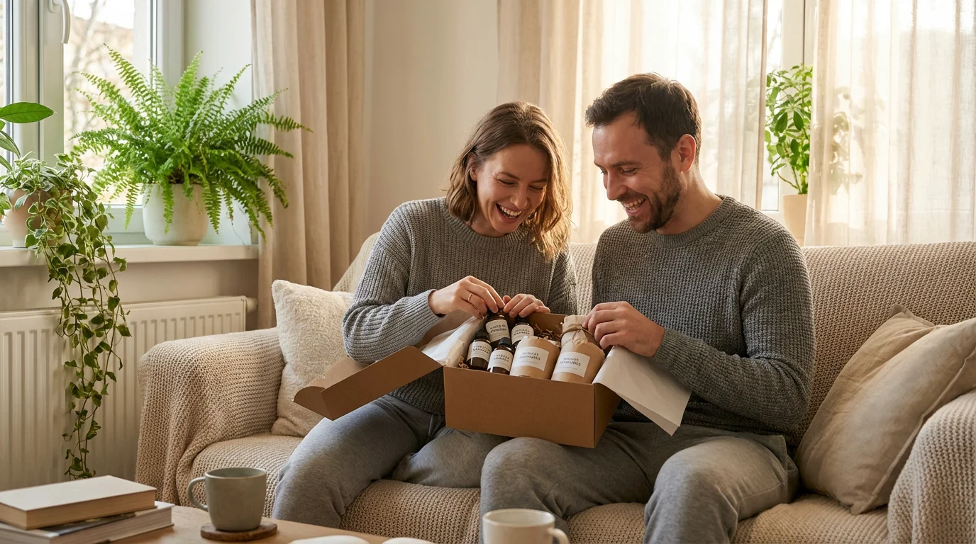 Couple européen riant ensemble en découvrant un coffret cadeau sensoriel sur leur canapé