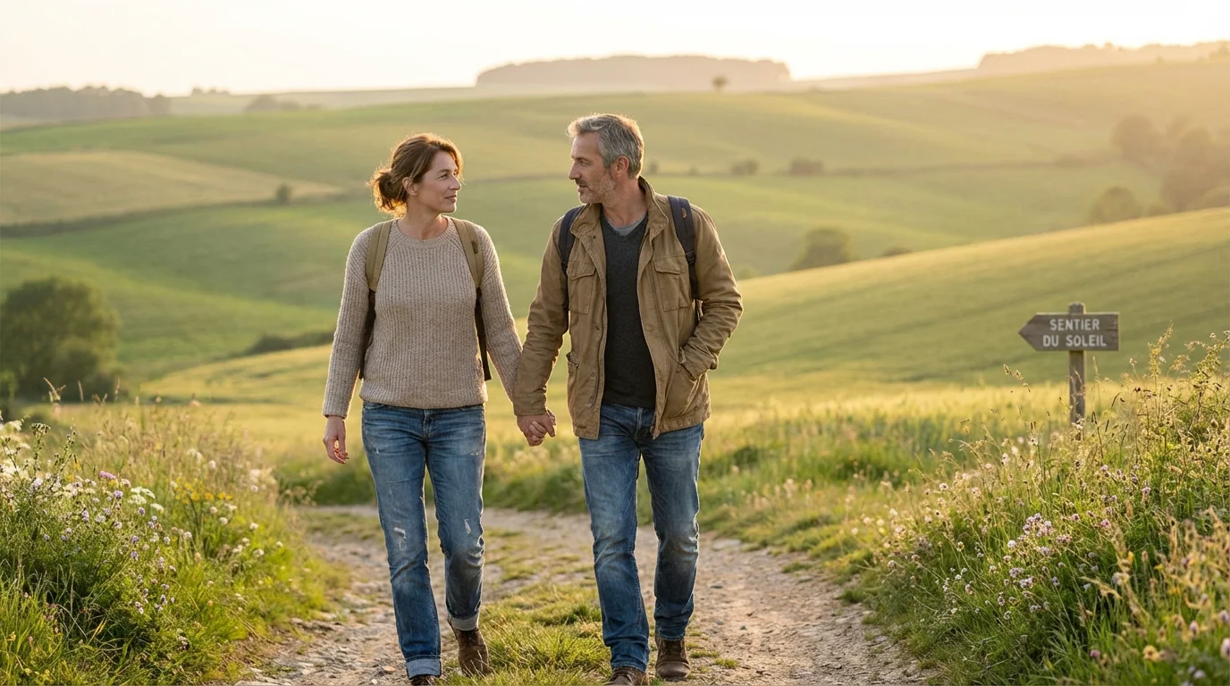 Couple européen se promenant main dans la main dans la campagne au coucher du soleil