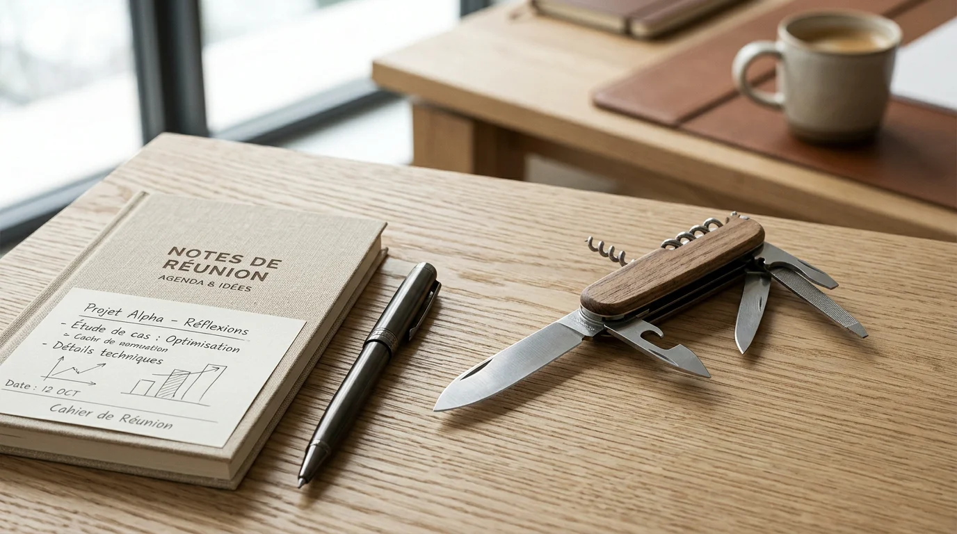 Couteau de poche multifonction personnalisé posé sur un bureau en bois