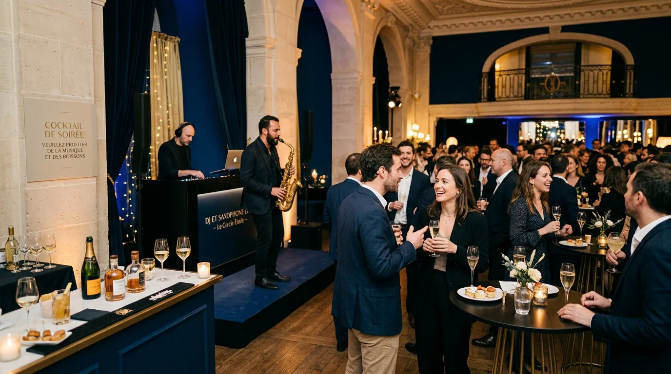 Soirée d'entreprise animée par un saxophoniste et un DJ dans une salle élégante