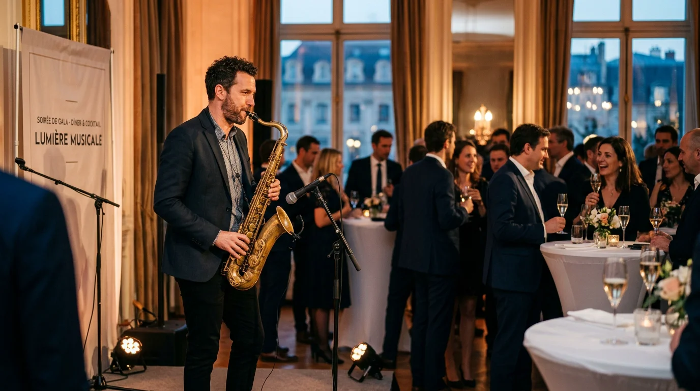 Saxophoniste jouant en live pendant le cocktail d'une soirée d'entreprise