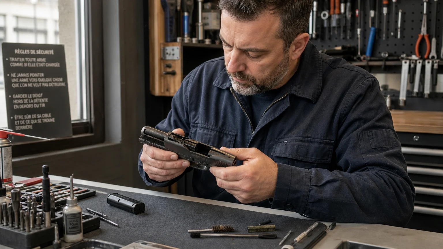 Inspection d’un pistolet compact compensé dans un atelier d’armurerie