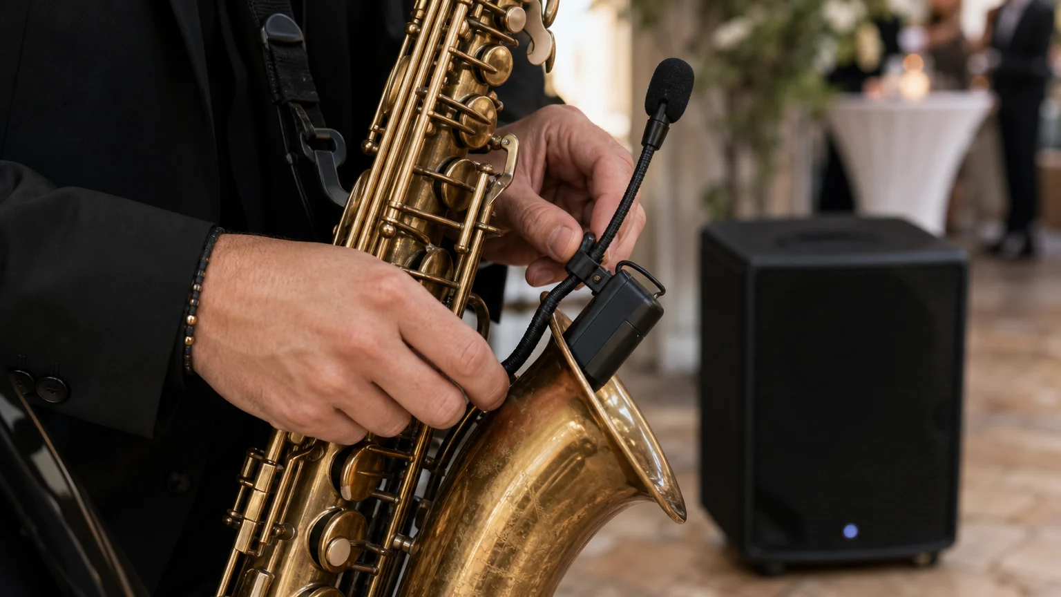 Préparation du saxophone et du matériel son pour un cocktail de mariage