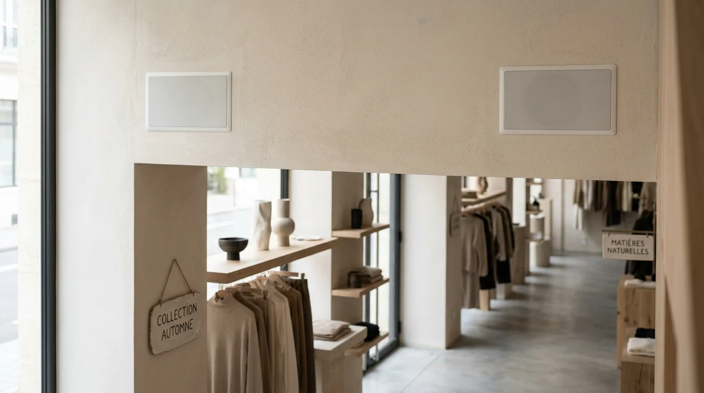Enceintes murales blanches installées en hauteur dans une boutique moderne