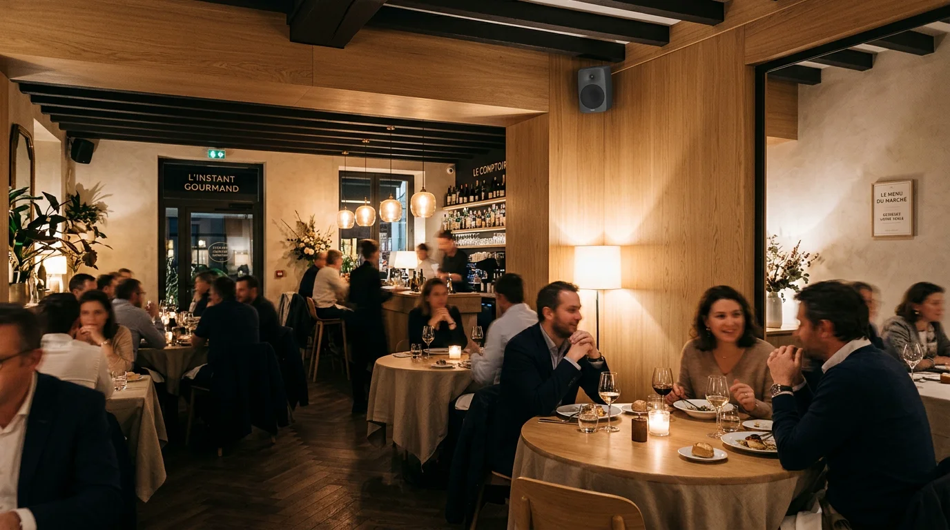 Enceinte murale discrète dans un restaurant à l'ambiance chaleureuse