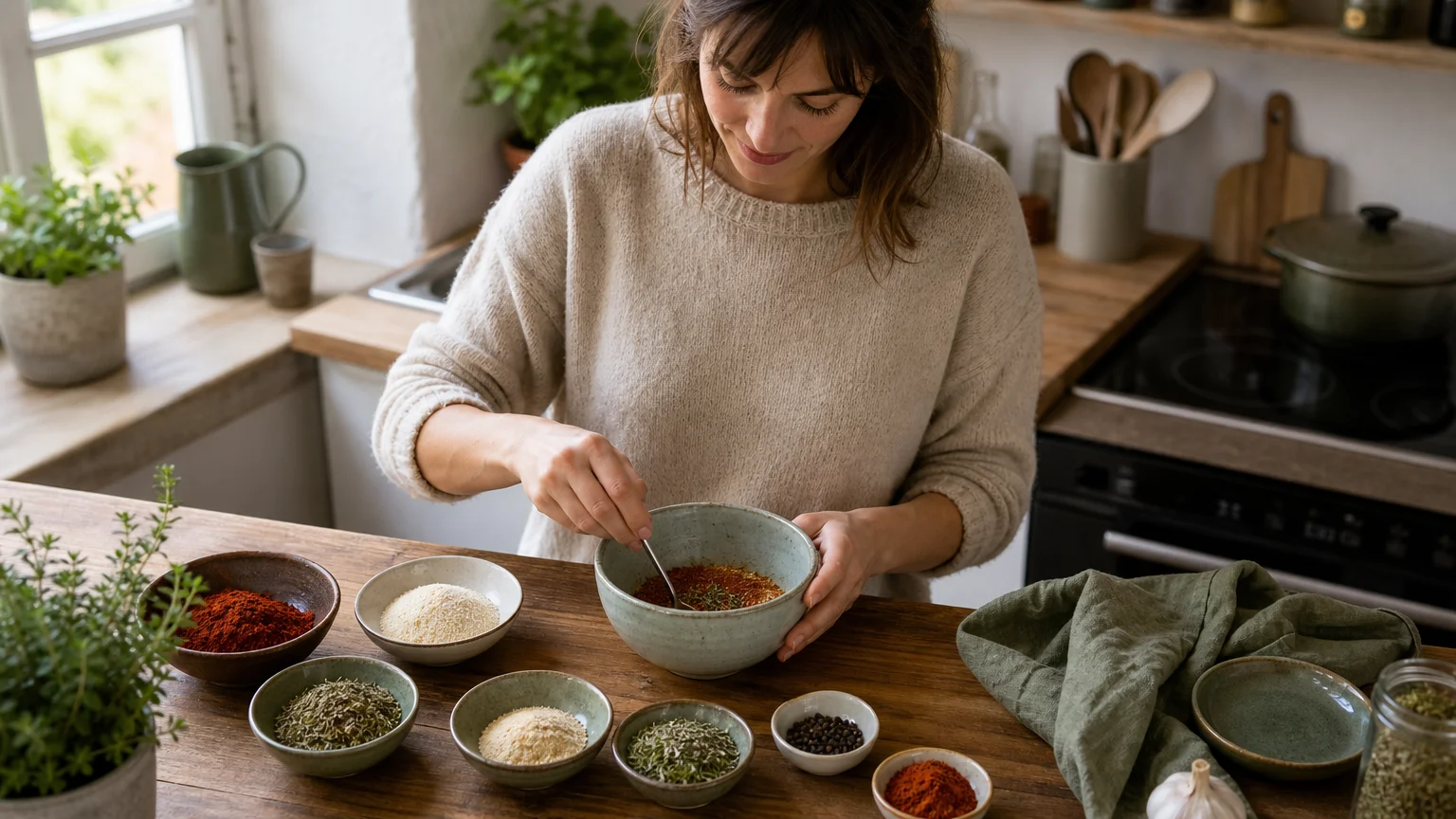 Préparation artisanale d’un mélange d’épices cajun dans une cuisine