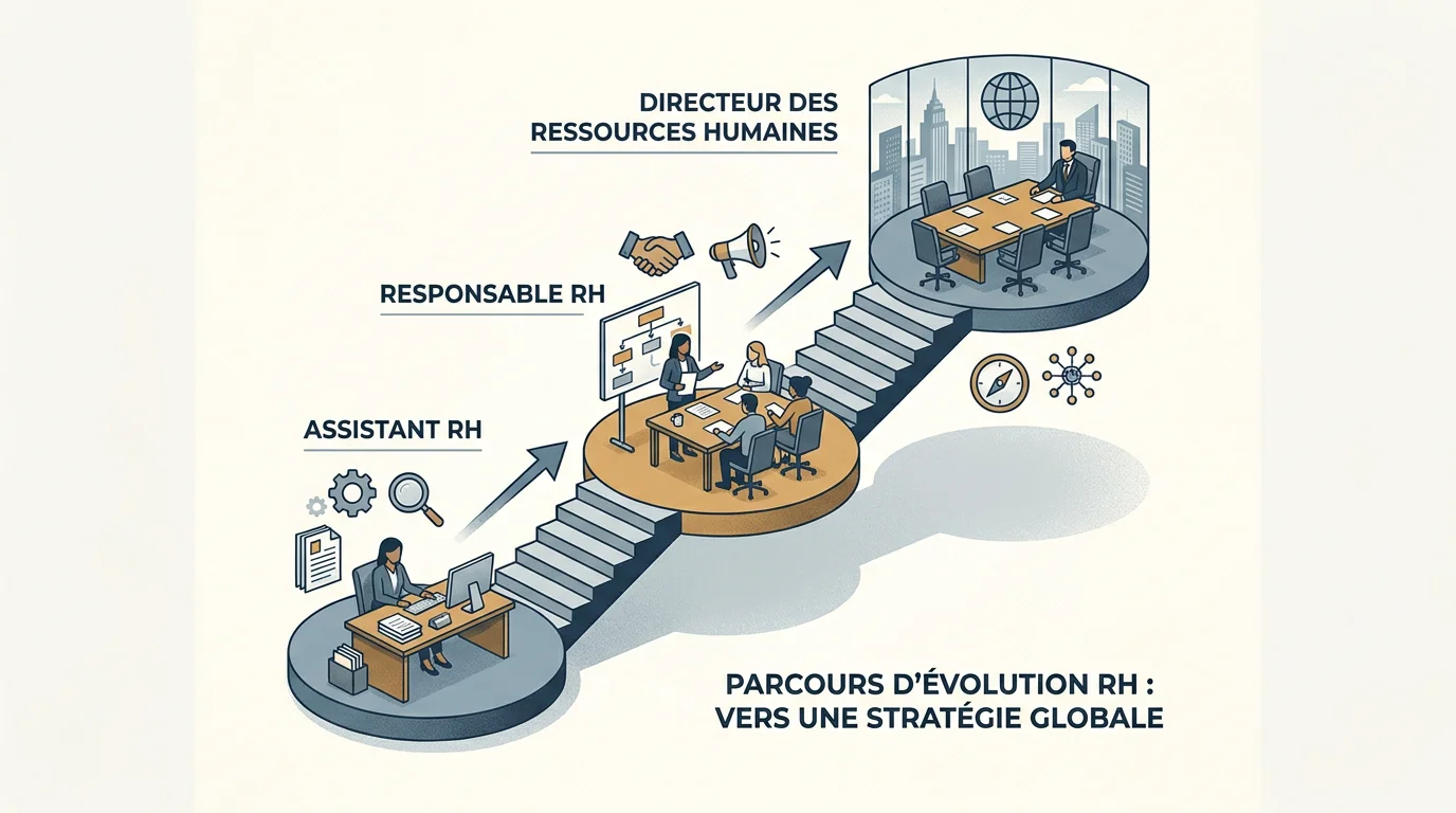 Schéma d'évolution de carrière en ressources humaines, de l'assistant RH au directeur RH
