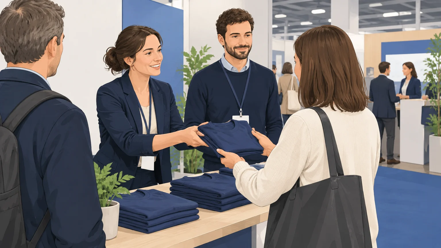 Distribution de tee-shirts unis lors d’un salon professionnel
