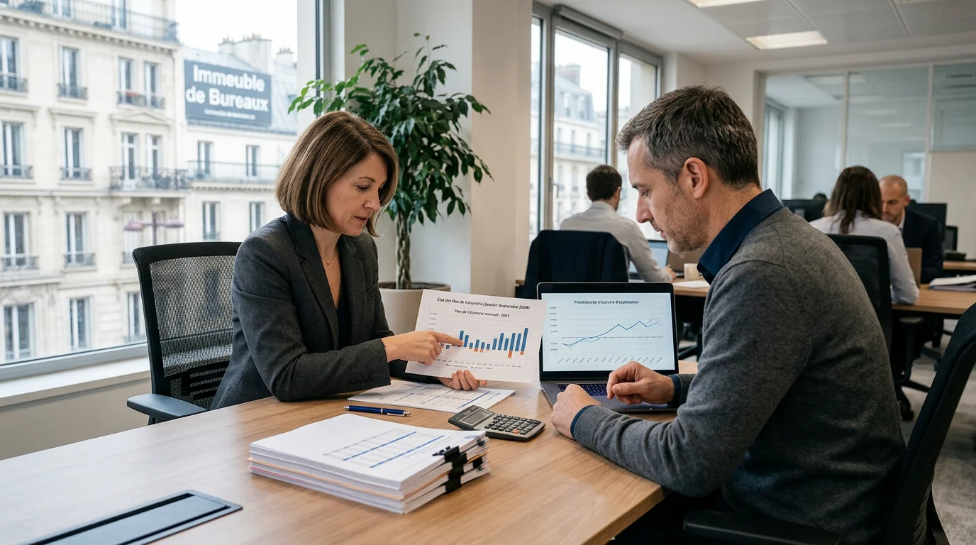 Deux professionnels de la finance analysant des tableaux de trésorerie dans un bureau