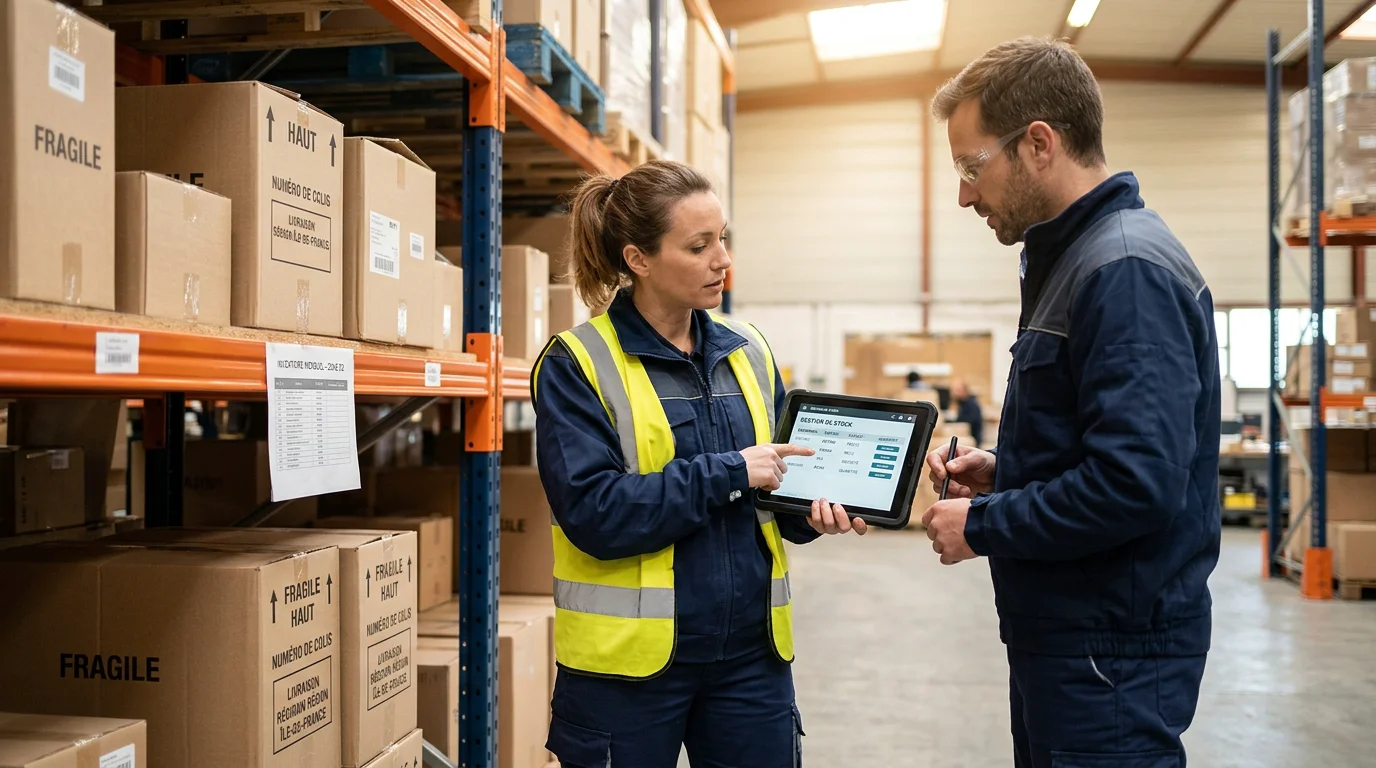 Employés vérifiant des stocks et des colis dans un entrepôt logistique