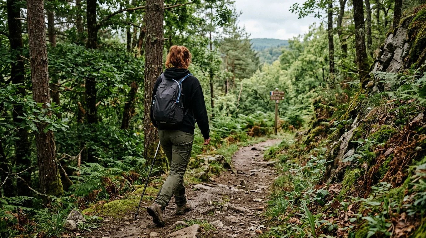 Personne portant un sweat à capuche noir avec un pantalon technique sur un sentier forestier