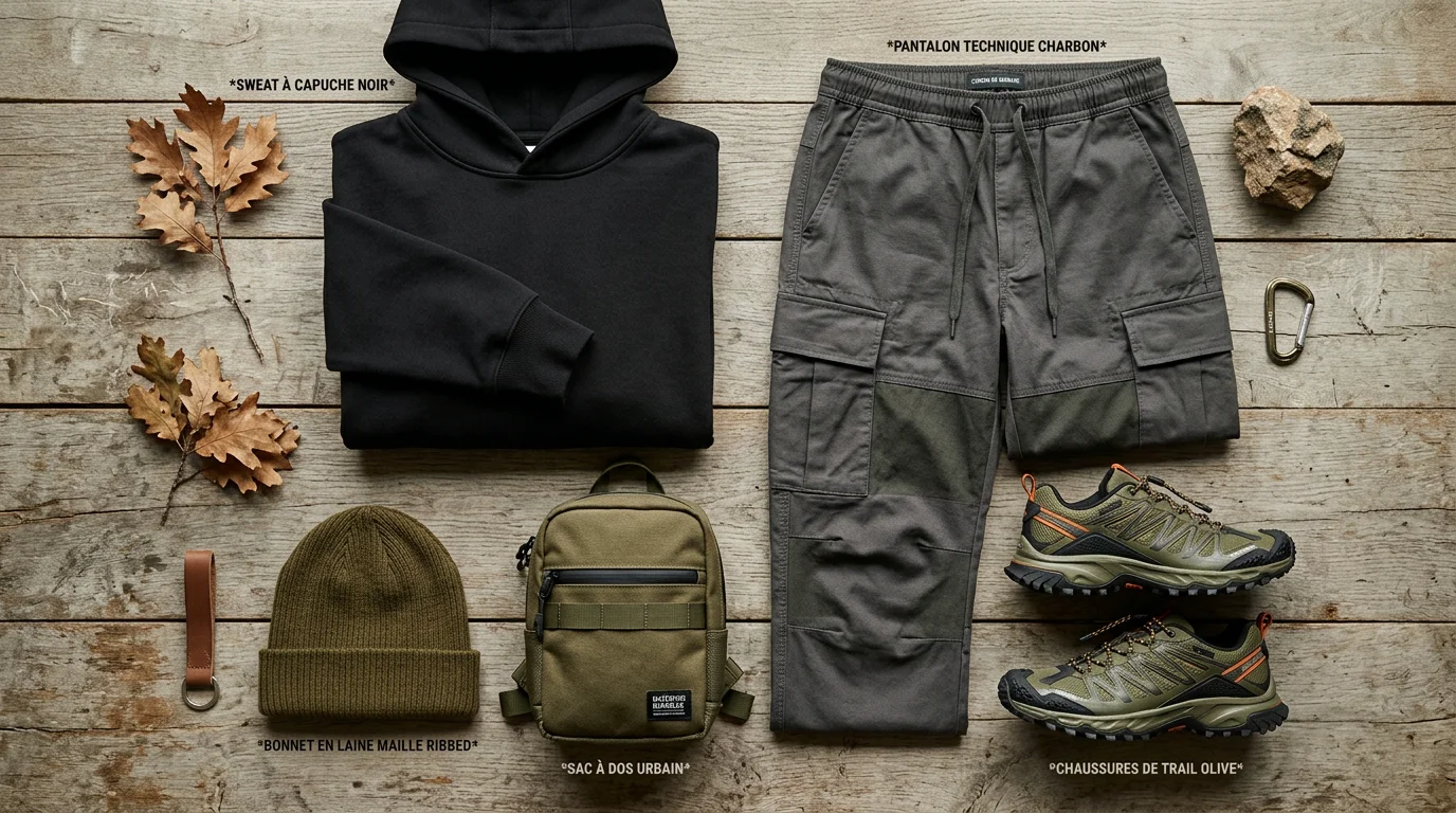 Composition à plat d'un sweat, d'un pantalon technique et d'accessoires outdoor sur bois naturel