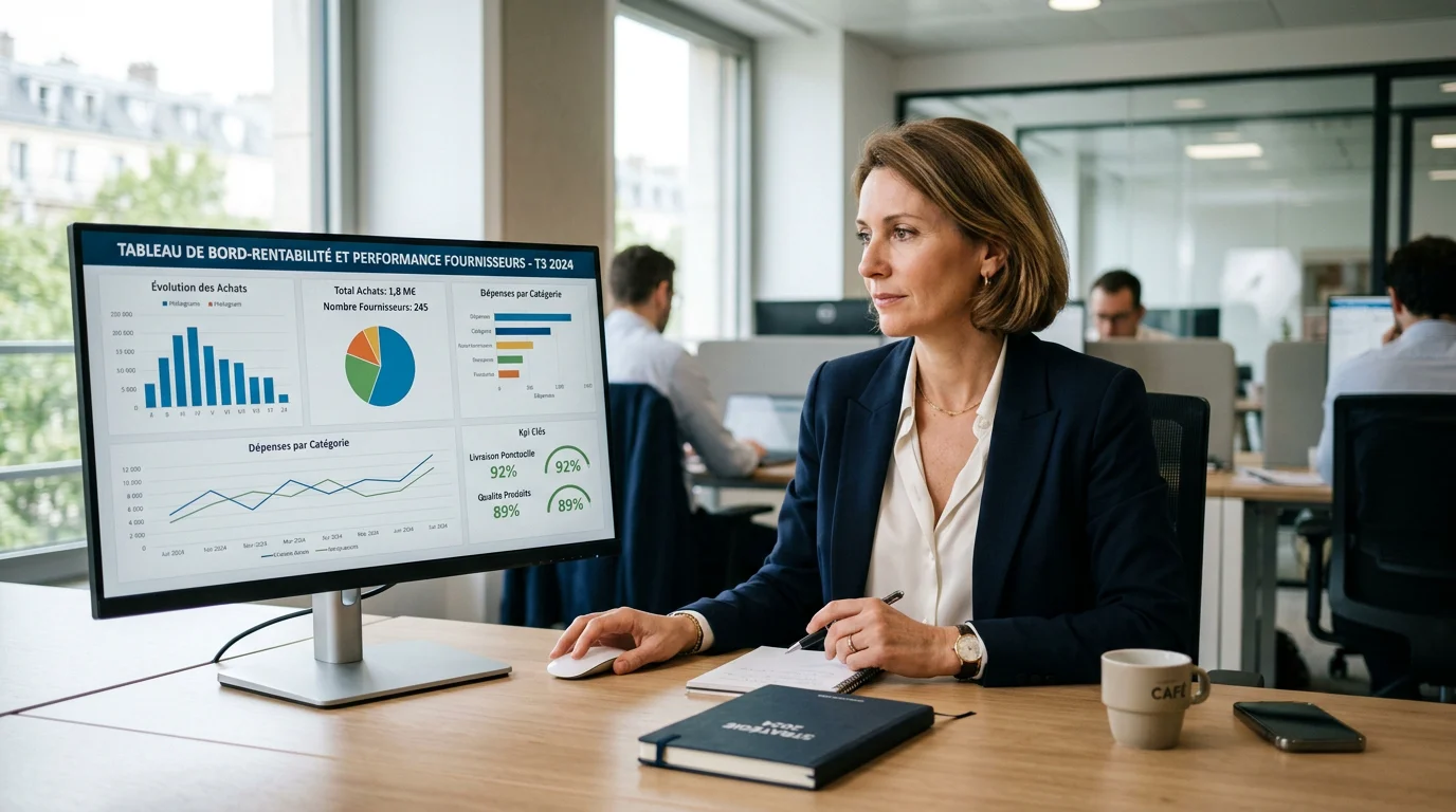 Une responsable achats analyse la performance de ses fournisseurs sur un tableau de bord
