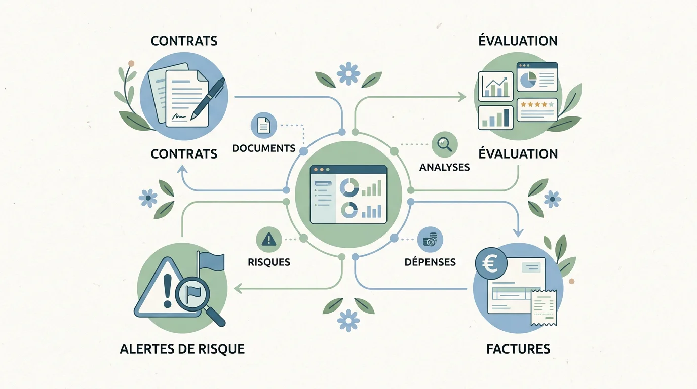 Schéma d'un flux de gestion fournisseur centralisé avec contrats, performance et alertes