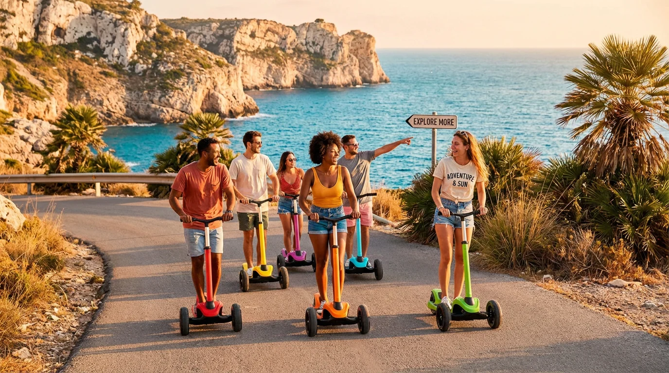Group of friends riding three-wheeled vehicles along a scenic coastal road near Marbella