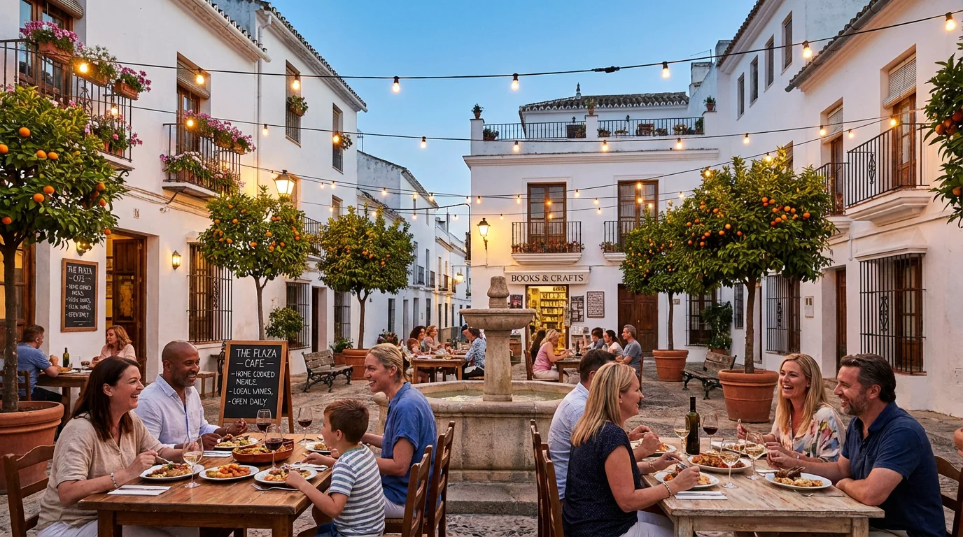 Charming Old Town plaza in Marbella at dusk with outdoor dining