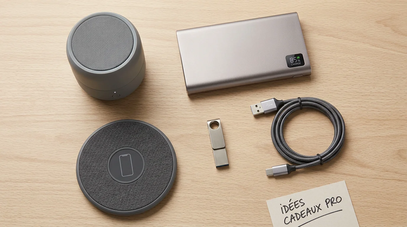 Objets publicitaires high-tech disposés sur un bureau : enceinte, batterie externe, clé USB et câble