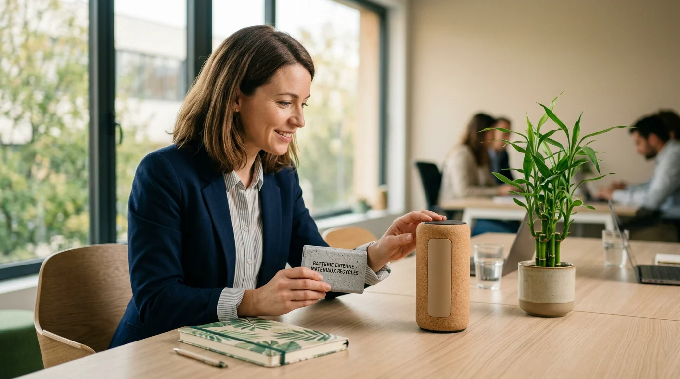 Professionnelle examinant des objets high-tech éco-conçus en liège et matériaux recyclés