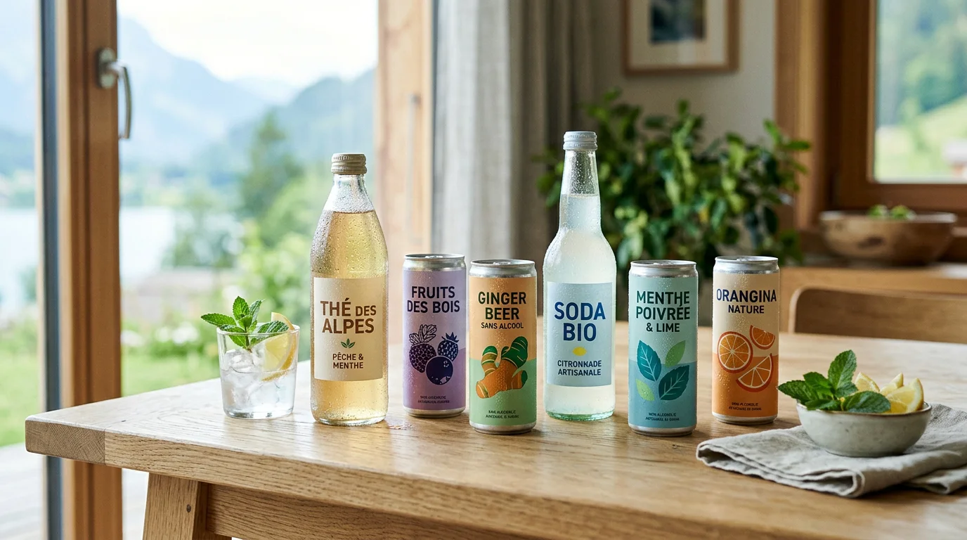 Sélection de boissons sans alcool fraîches disposées sur une table en bois clair