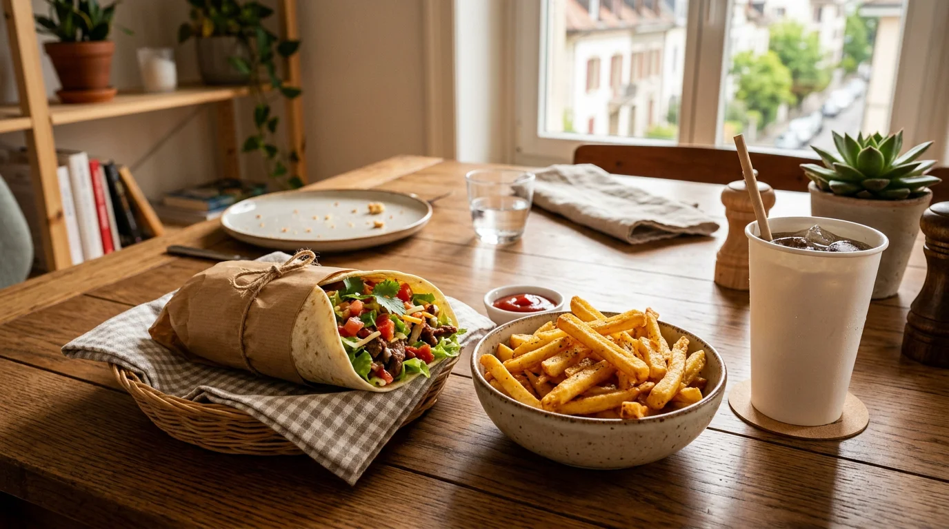 Repas à emporter avec un taco, des frites et une boisson fraîche