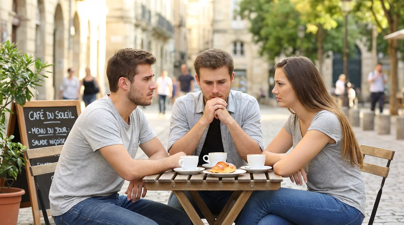 Trois jeunes adultes européens autour d'une table de café illustrant la tension d'un triangle amoureux