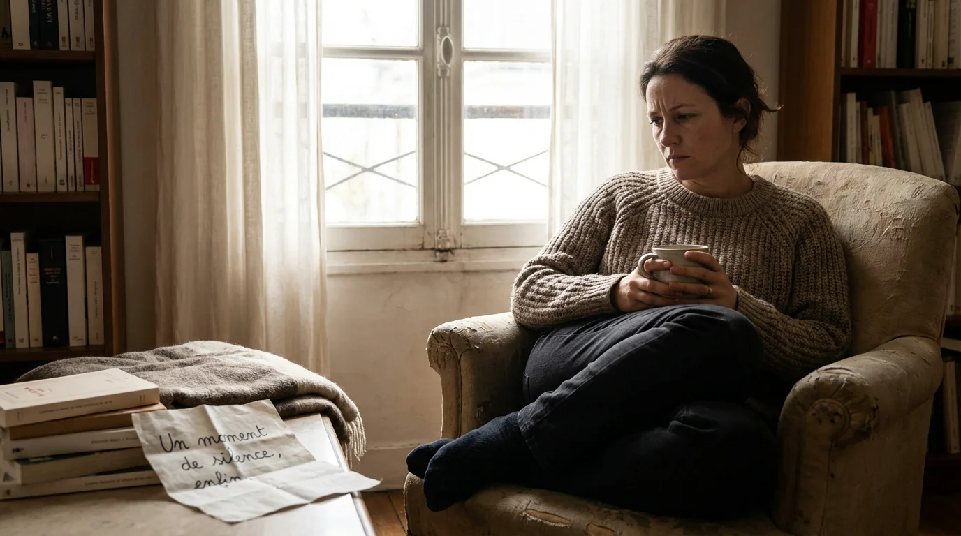 Femme européenne pensive assise seule sur un canapé, illustrant l'impact émotionnel d'un triangle amoureux