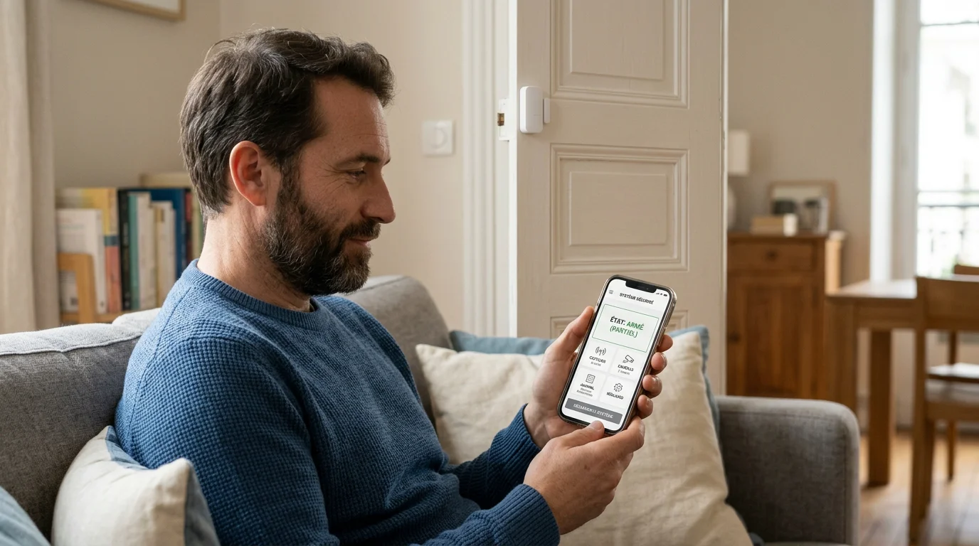 Personne pilotant son alarme Wi-Fi connectée depuis un smartphone à la maison