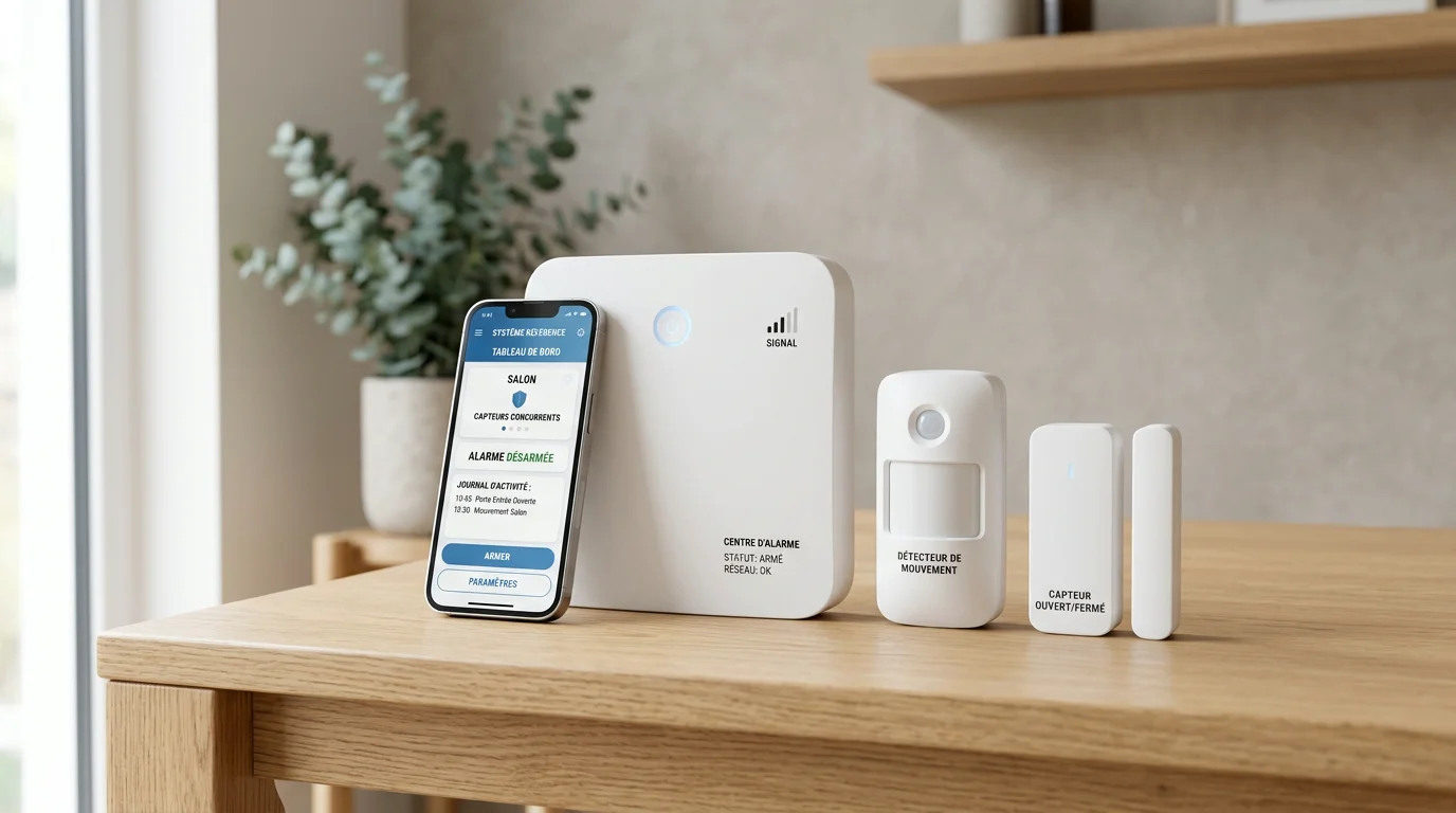 Centrale d'alarme sans fil, détecteurs et smartphone posés sur une table