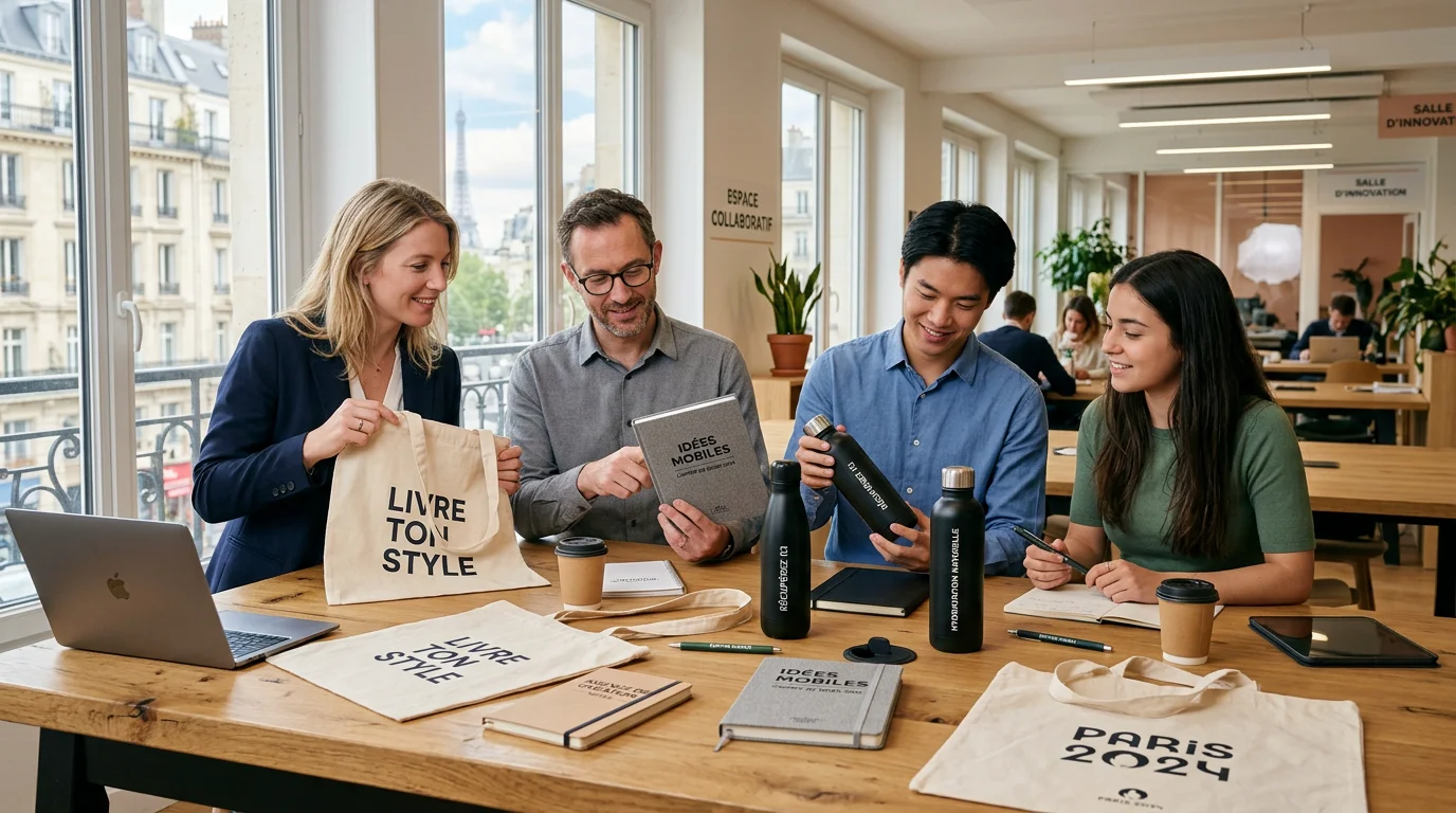 Équipe marketing française sélectionnant des goodies personnalisés en réunion