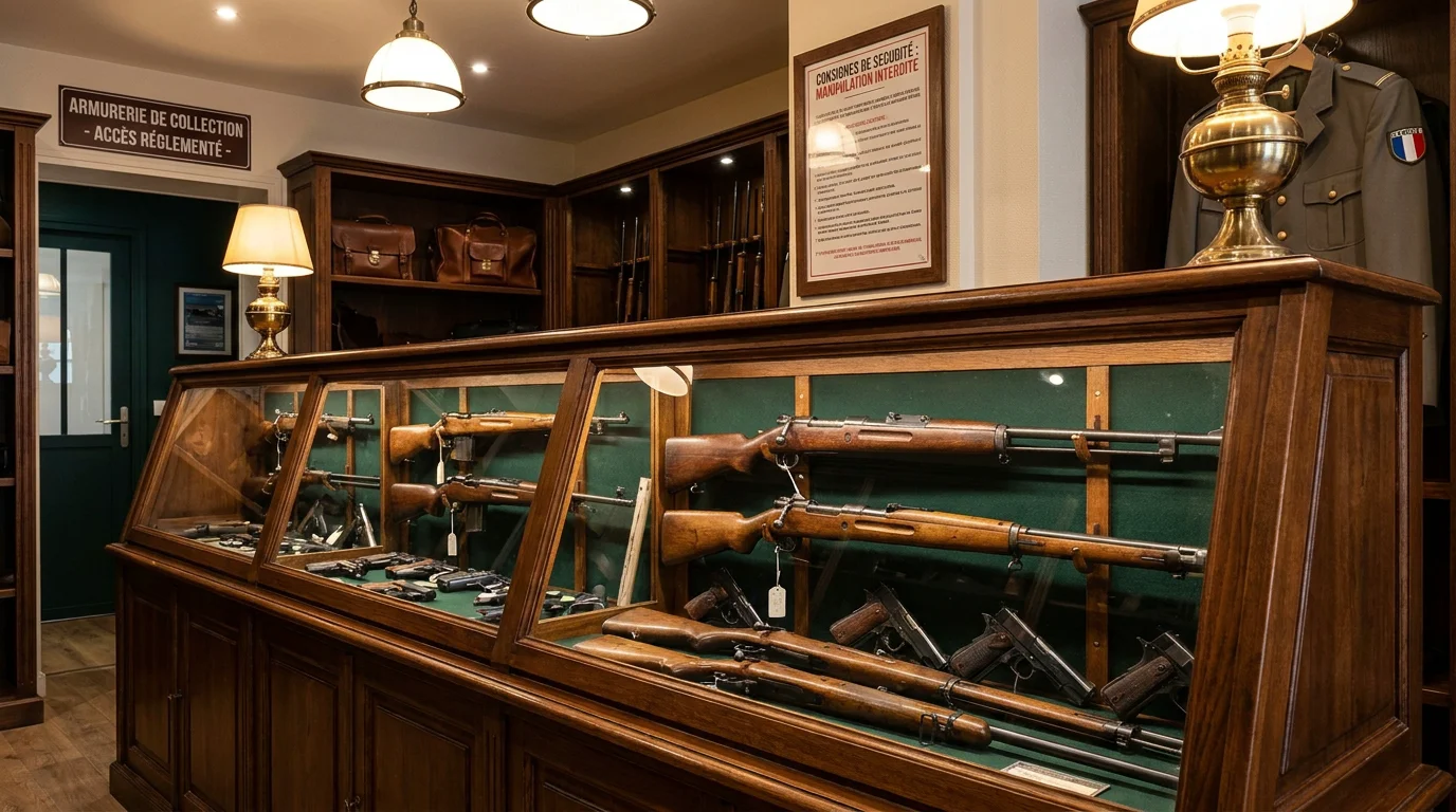 Vitrine sécurisée d'une armurerie française conforme à la réglementation