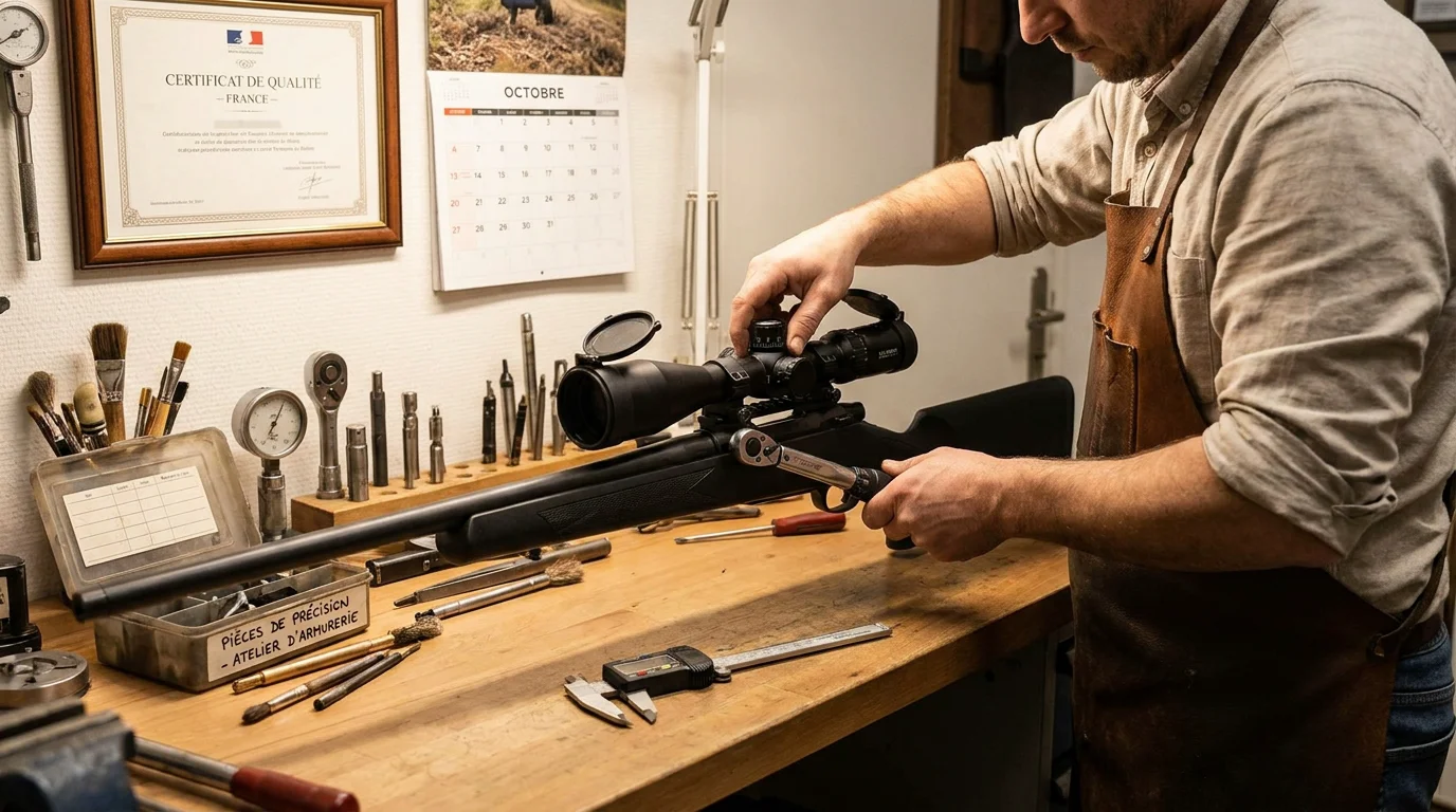 Atelier d'armurier professionnel avec outils de réglage d'optique sur une arme à feu