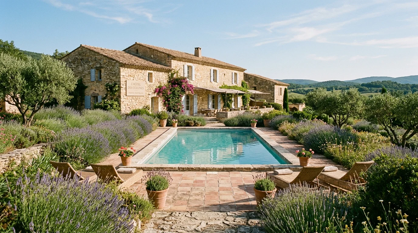 Piscine extérieure d'un hôtel de charme en pierre dans le Luberon entourée de lavande