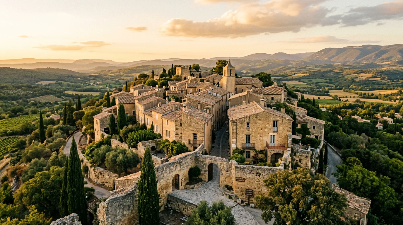 Village perché en pierre du Luberon au coucher du soleil