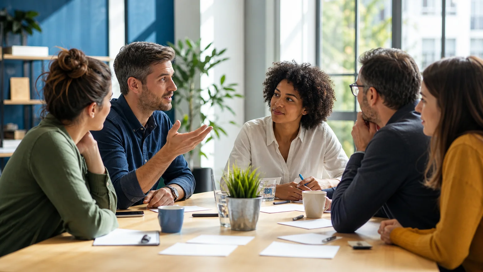 Équipe professionnelle échangeant autour de questions lors d’une activité collaborative