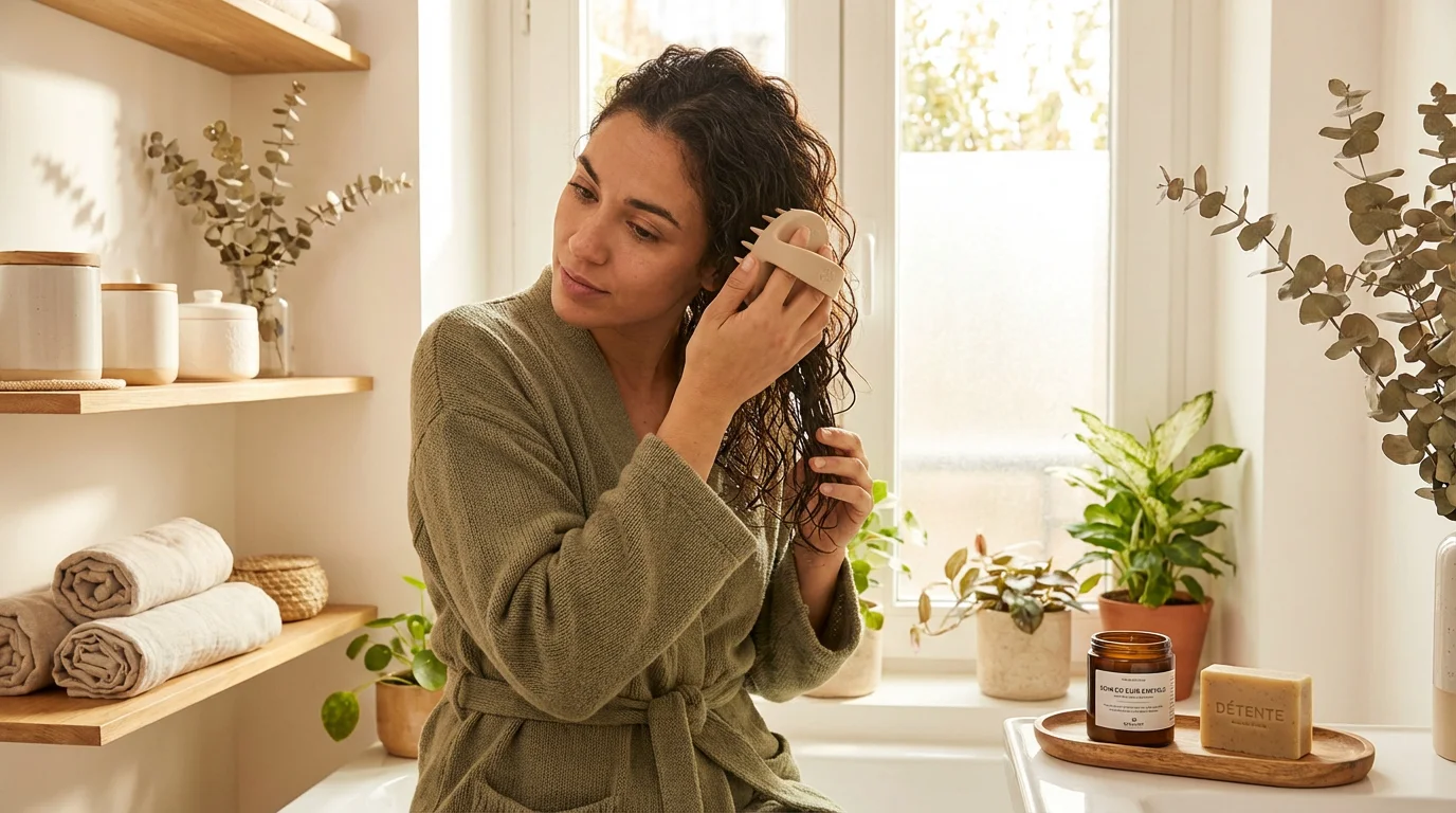 Femme massant son cuir chevelu avec une brosse en silicone dans une salle de bain lumineuse
