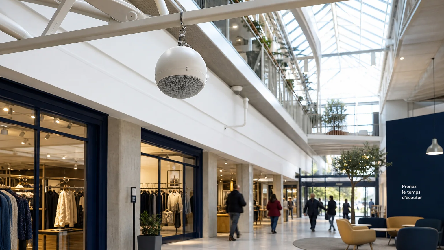 Enceinte suspendue 100 V dans un grand hall commercial