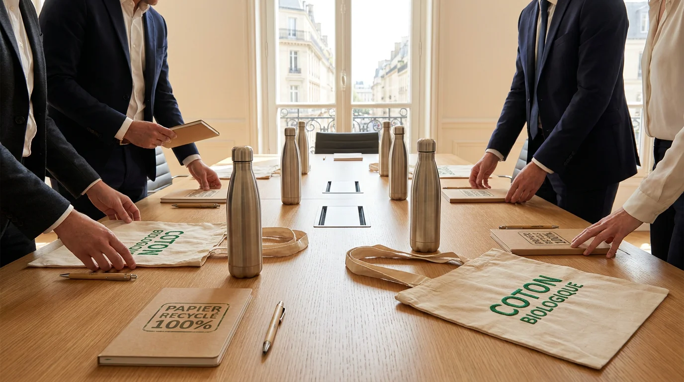 Sélection de goodies publicitaires éco-responsables examinés par des professionnels en réunion